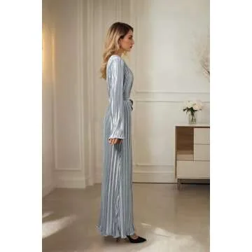 Pluto & Fox Women's Crew Neck Plisse Maxi Dress Long Sleevele Flared Cuffs Belted Pleated Party Cocktail Wedding Guest Dress (US, Alpha, Medium, Regular, Regular, Grey)