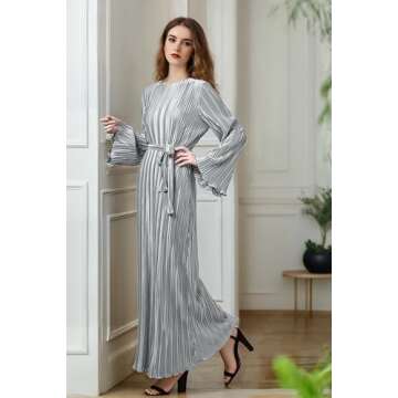 Pluto & Fox Women's Crew Neck Plisse Maxi Dress Long Sleevele Flared Cuffs Belted Pleated Party Cocktail Wedding Guest Dress (US, Alpha, Medium, Regular, Regular, Grey)