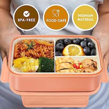 Landmore Bento Box Lunch Box for Kids Adults, 1100 ML Bento Lunch Box for Kids 3 Compartments with Utensils and Lunch Bag, Leakproof BPA Free(Pink)