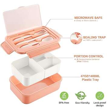 Landmore Bento Box Lunch Box for Kids Adults, 1100 ML Bento Lunch Box for Kids 3 Compartments with Utensils and Lunch Bag, Leakproof BPA Free(Pink)