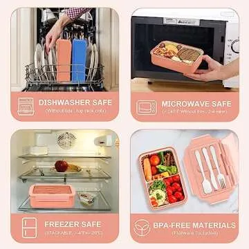 Landmore Bento Box Lunch Box for Kids Adults, 1100 ML Bento Lunch Box for Kids 3 Compartments with Utensils and Lunch Bag, Leakproof BPA Free(Pink)