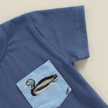 Pybcvrrd Toddler Baby Boy Hunting Clothes Mallard Duck Pocket Short Sleeve Shirt Duck Print Shorts Set 2pcs Summer Outfit (Blue-duck, 6-12 Months)