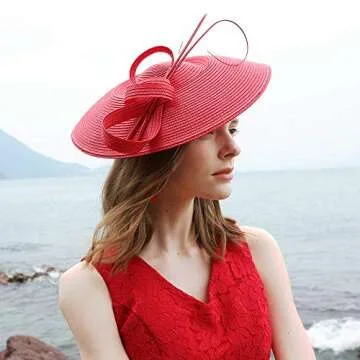 F FADVES Fascinators Pillbox Hat Weddings Women Straw Fedora Vintage Sinamay Base Hats Red