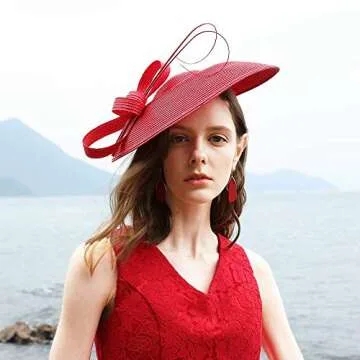 F FADVES Fascinators Pillbox Hat Weddings Women Straw Fedora Vintage Sinamay Base Hats Red