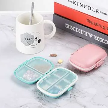 2 PCS Travel Pill Organizer, TEOYALL 8 Compartments Portable Pill Box Small Daily Pill Case Medicine Vitamin Container for Pocket Purse (Blue/Pink)