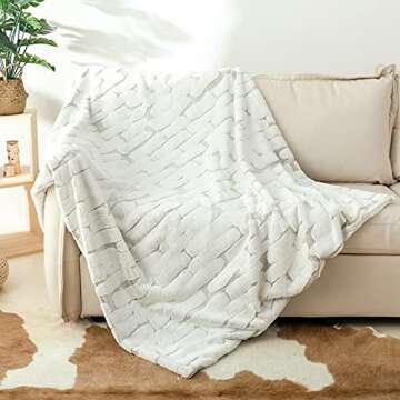 Snuggle Sac Plush Faux Fur Throw Blanket, Warm and Cream Fuzzy Blanket with Marble Pattern Print, Decorative Blanket for Couch Sofa Chair Bed Living Room, 50" X 60", White