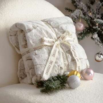 Snuggle Sac Plush Faux Fur Throw Blanket, Warm and Cream Fuzzy Blanket with Marble Pattern Print, Decorative Blanket for Couch Sofa Chair Bed Living Room, 50" X 60", White