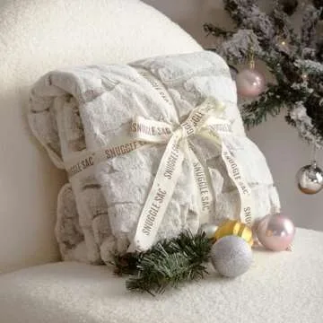 Snuggle Sac Plush Faux Fur Throw Blanket, Warm and Cream Fuzzy Blanket with Marble Pattern Print, Decorative Blanket for Couch Sofa Chair Bed Living Room, 50" X 60", White