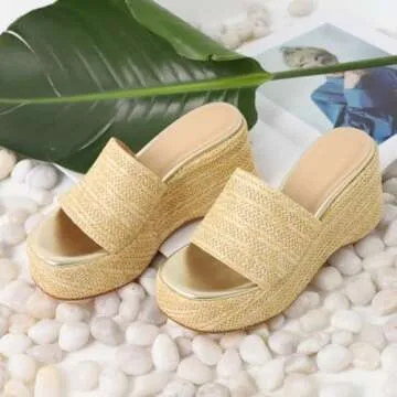 EQAUDES Wedge Sandals Platform Sandals Espadrille Sandals for Women Platform Sandals Espadrille Sandals Slip on Slides Raffia Sandals Open Toe Sandals Size 8