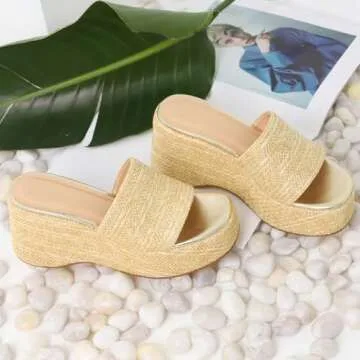 EQAUDES Wedge Sandals Platform Sandals Espadrille Sandals for Women Platform Sandals Espadrille Sandals Slip on Slides Raffia Sandals Open Toe Sandals Size 8