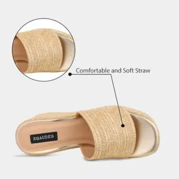 EQAUDES Wedge Sandals Platform Sandals Espadrille Sandals for Women Platform Sandals Espadrille Sandals Slip on Slides Raffia Sandals Open Toe Sandals Size 8