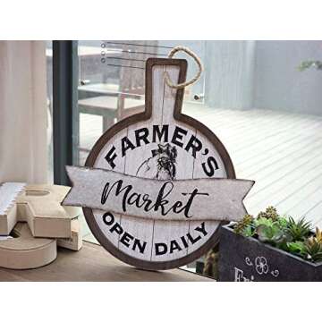 PARISLOFT Farmer's Market Open Daily Wood and Metal Circular Signs|Rustic Farmhouse Kitchen Wood Sig...
