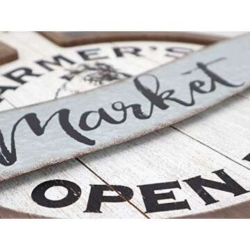 PARISLOFT Farmer's Market Open Daily Wood and Metal Circular Signs|Rustic Farmhouse Kitchen Wood Sign Plaque Wall Hanging Decor 17.75x0.5x19''