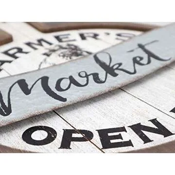 PARISLOFT Farmer's Market Open Daily Wood and Metal Circular Signs|Rustic Farmhouse Kitchen Wood Sign Plaque Wall Hanging Decor 17.75x0.5x19''