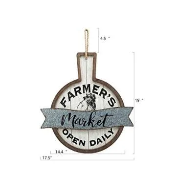 PARISLOFT Farmer's Market Open Daily Wood and Metal Circular Signs|Rustic Farmhouse Kitchen Wood Sign Plaque Wall Hanging Decor 17.75x0.5x19''