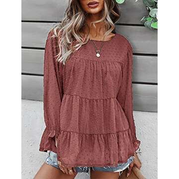 PRETTYGARDEN Women's Summer Loose Chiffon Blouse Mesh Long Sleeve Casual Round Neck Peplum Tops (Pin...