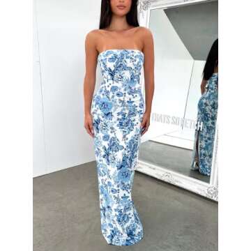 ROAONOCOMO Women Y2k Off Shoulder Bodycon Dress Slim Fitted Long Tube Dresses Backless Stretchy Midi Dress Summer Beach Wear D-Blue