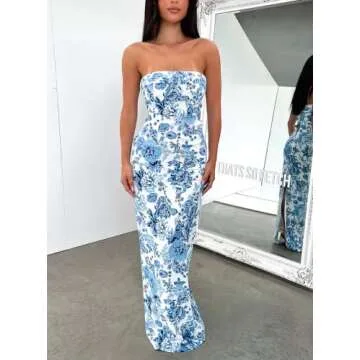 ROAONOCOMO Women Y2k Off Shoulder Bodycon Dress Slim Fitted Long Tube Dresses Backless Stretchy Midi Dress Summer Beach Wear D-Blue