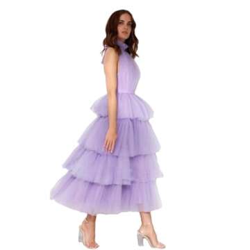 Dydsz Women's Halter Tiered Tulle Prom Dresses Long Evening Party Dress Homecoming Gown Tea Length