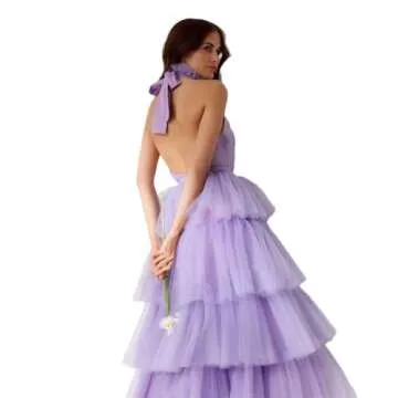 Dydsz Women's Halter Tiered Tulle Prom Dresses Long Evening Party Dress Homecoming Gown Tea Length