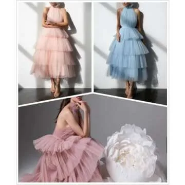 Dydsz Women's Halter Tiered Tulle Prom Dresses Long Evening Party Dress Homecoming Gown Tea Length