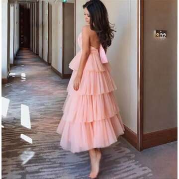 Dydsz Women's Halter Tiered Tulle Prom Dresses Long Evening Party Dress Homecoming Gown Tea Length