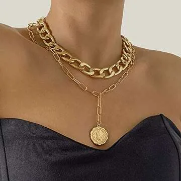 JWICOS Gold Boho Cuban Chunky Necklace Layered Dainty Paperclip with Coin Pendant Choker Chain for Women (Gold)