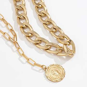 JWICOS Gold Boho Cuban Chunky Necklace Layered Dainty Paperclip with Coin Pendant Choker Chain for Women (Gold)