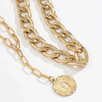 JWICOS Gold Boho Cuban Chunky Necklace Layered Dainty Paperclip with Coin Pendant Choker Chain for Women (Gold)