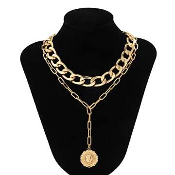 JWICOS Gold Boho Cuban Chunky Necklace Layered Dainty Paperclip with Coin Pendant Choker Chain for Women (Gold)