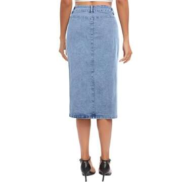 POTILI Denim Midi Skirt Women Blue Long Jean Skirts Stretch High Waisted Slit Front A Line Cargo Skirt with Pockets