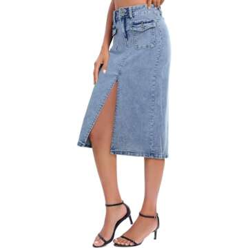 POTILI Denim Midi Skirt Women Blue Long Jean Skirts Stretch High Waisted Slit Front A Line Cargo Skirt with Pockets
