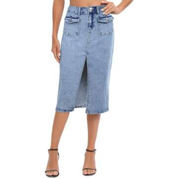 POTILI Denim Midi Skirt Women Blue Long Jean Skirts Stretch High Waisted Slit Front A Line Cargo Skirt with Pockets
