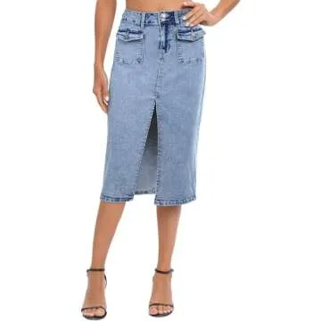 POTILI Women's High Waisted Denim Midi Skirt with Slit