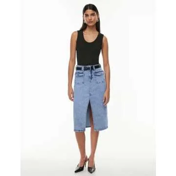 POTILI Women's High Waisted Denim Midi Skirt with Slit