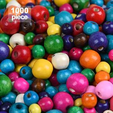 WOWOSS 1000 Pcs Colorful Wooden Beads, 500x8mm + 200x10mm + 200x12mm + 100x14mm, 10 Colors, Colored Wood Beads for Crafts, Jewelry Making, Bracelets, with 164 Ft Elastic Stretchy Bracelet String Cord