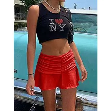 YMDUCH Women's A-Line Ruched Ruffle Beachwear Athletic Skorts Mini Skirts Red