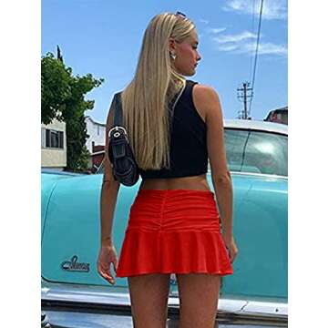 YMDUCH Women's A-Line Ruched Ruffle Beachwear Athletic Skorts Mini Skirts Red