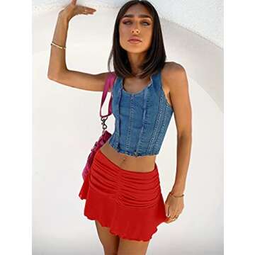 YMDUCH Women's A-Line Ruched Ruffle Beachwear Athletic Skorts Mini Skirts Red