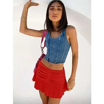 YMDUCH Women's A-Line Ruched Ruffle Beachwear Athletic Skorts Mini Skirts Red