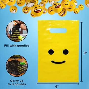 L LIFETIME Smile! Yellow Party Favors Bags Super Strong 24 Pack Loot Birthday Emoji Treat Plastic Ba...
