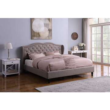Home Life Premiere Curved Classics Cloth Light Grey Silver Linen 51" Tall Headboard Platform Bed with Slats Queen- 019