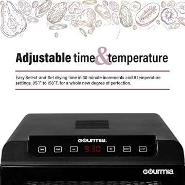 Gourmia GFD1680 Countertop Electric Food Dehydrator - 6 Drying Trays - Digital Countdown Timer - Preset Temperature Settings - Recipe Book Included, Black