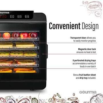 Gourmia GFD1680 Countertop Electric Food Dehydrator - 6 Drying Trays - Digital Countdown Timer - Preset Temperature Settings - Recipe Book Included, Black