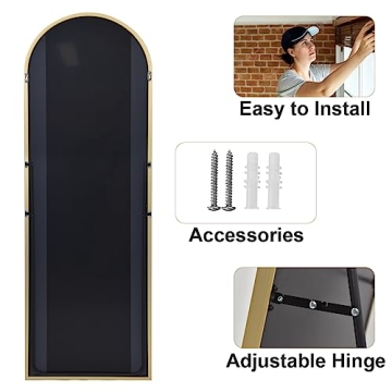 HARRITPURE 64"x21" Arched Full Length Mirror Free Standing Leaning Mirror Hanging Mounted Mirror Aluminum Frame Modern Simple Home Decor for Living Room Bedroom Cloakroom, Gold