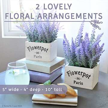 Butterfly Craze Artificial Lavender Plants in Rustic Wooden Planters - Lifelike, Stunning Faux Silk Purple Flowers Perfect for Elevating Your Patio, Home Décor, or Office (Set of Two), White Wood
