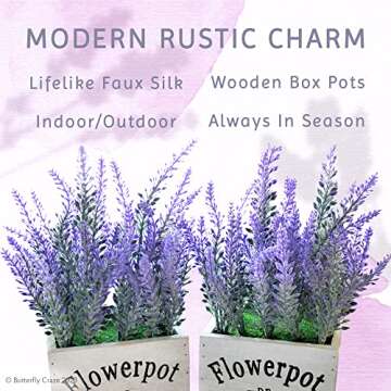 Butterfly Craze Artificial Lavender Plants in Rustic Wooden Planters - Lifelike, Stunning Faux Silk Purple Flowers Perfect for Elevating Your Patio, Home Décor, or Office (Set of Two), White Wood