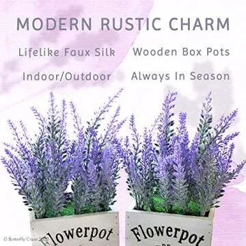 Butterfly Craze Artificial Lavender Plants in Rustic Wooden Planters - Lifelike, Stunning Faux Silk Purple Flowers Perfect for Elevating Your Patio, Home Décor, or Office (Set of Two), White Wood