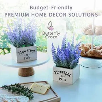 Butterfly Craze Artificial Lavender Plants in Rustic Wooden Planters - Lifelike, Stunning Faux Silk Purple Flowers Perfect for Elevating Your Patio, Home Décor, or Office (Set of Two), White Wood