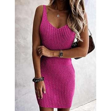 Sidefeel Summer Dresses for Women 2025 V Neck Ribbed Knit Tank Sleeveless Sundresses Sexy Club Party Bodycon Dressess Small Hot Pink